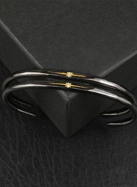 伊瓦岚日本amp Japan电镀黑金射线镶钻手镯3mm细款镯子手工个性