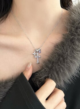 纯银潮酷十字花套链女项链