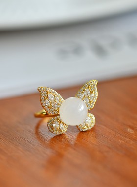 s925银镶和田玉蝴蝶戒指