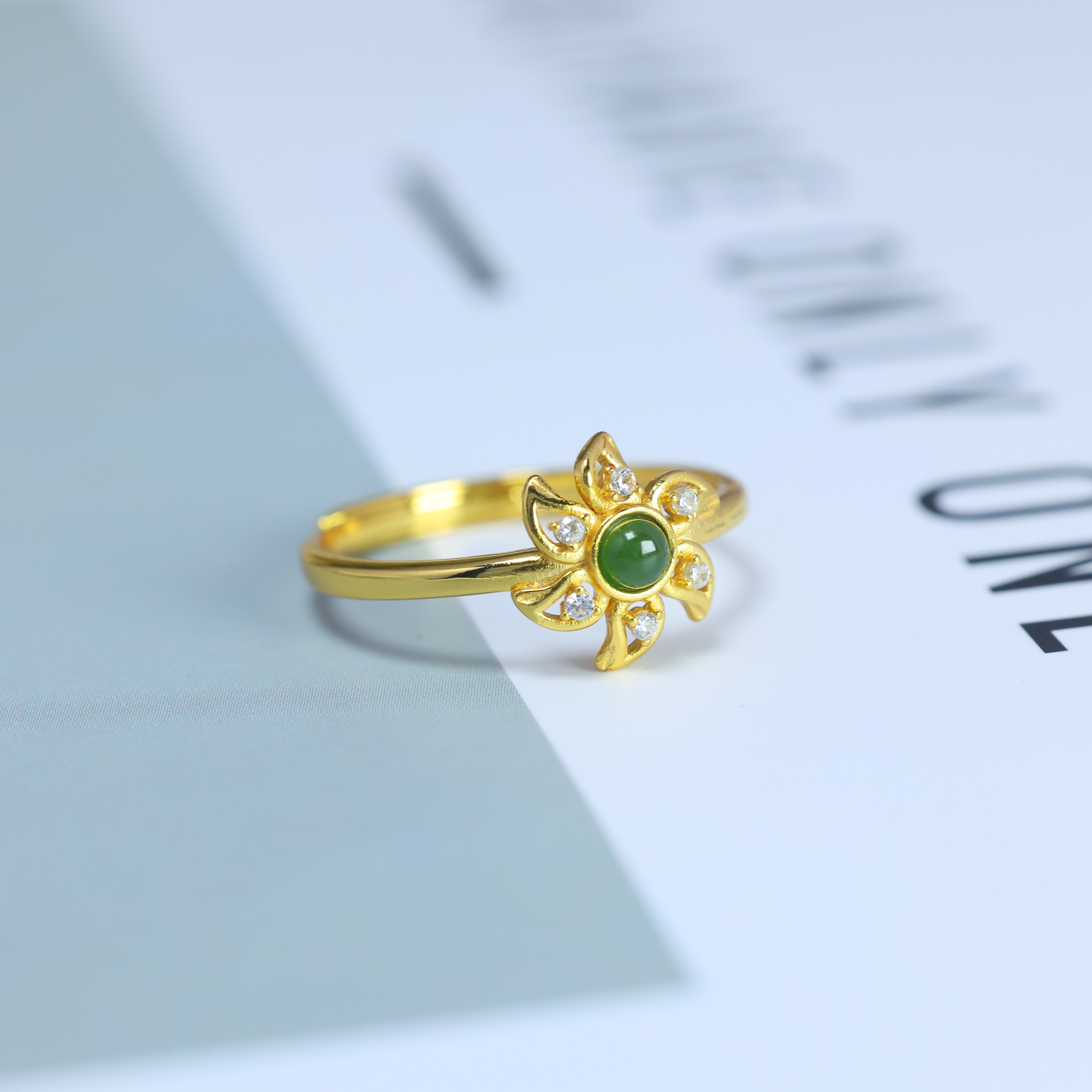 S925 silver inlaid Hetian jade jasper ring 11068