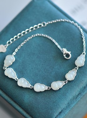 s925银镶和田玉葫芦素银手链