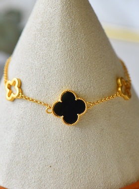 s925银镶和田玉四叶草手链