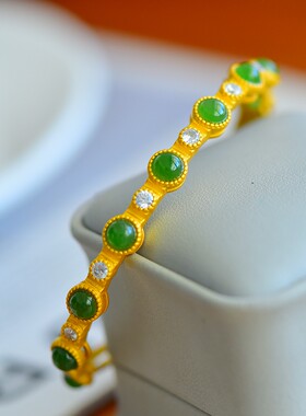 s925银镶和田玉碧玉多面精美手镯