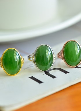 s925银镶和田玉碧玉蛋面戒指