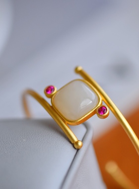 s925银镶和田玉方形鼓面手镯