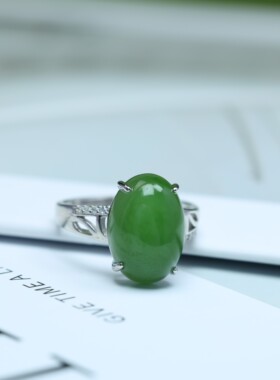 s925银镶和田碧玉蛋面戒指11390