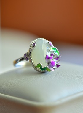 s925银镶和田玉蛋面珐琅戒指