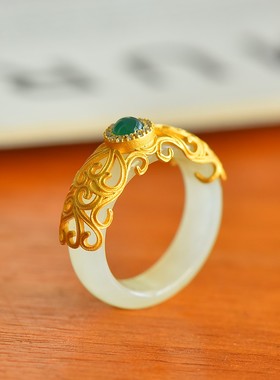 古法银镶和田玉素玉配绿玛瑙戒指