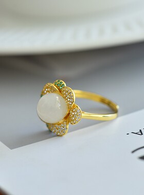 s925银镶和田玉10厘珠时尚戒指