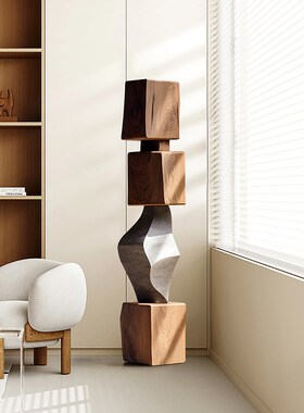 酒店民宿木雕e装饰品落地摆件高级感样板房客厅抽象竖高雕塑艺术