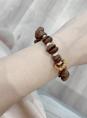 现货速发咖啡豆搭配星月菩提子橄榄核跑环单圈款手链 小众手串 咖