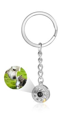 跨境新款日月情侣投影钥匙扣100种语言带照片个性化定 制纪念礼物