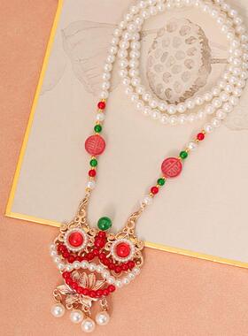 2023新款汉服配饰流苏背云项链女中国风红色醒狮长璎珞古风饰品明