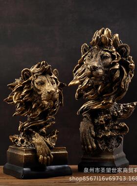 美式仿铜狮子头像复古动物树脂工艺品摆件玄关办公室酒柜软装装饰