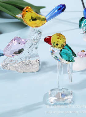 水晶工艺品简约轻奢迷你桌面客厅摆件磨砂树枝花朵一对鸟树枝鸟巢