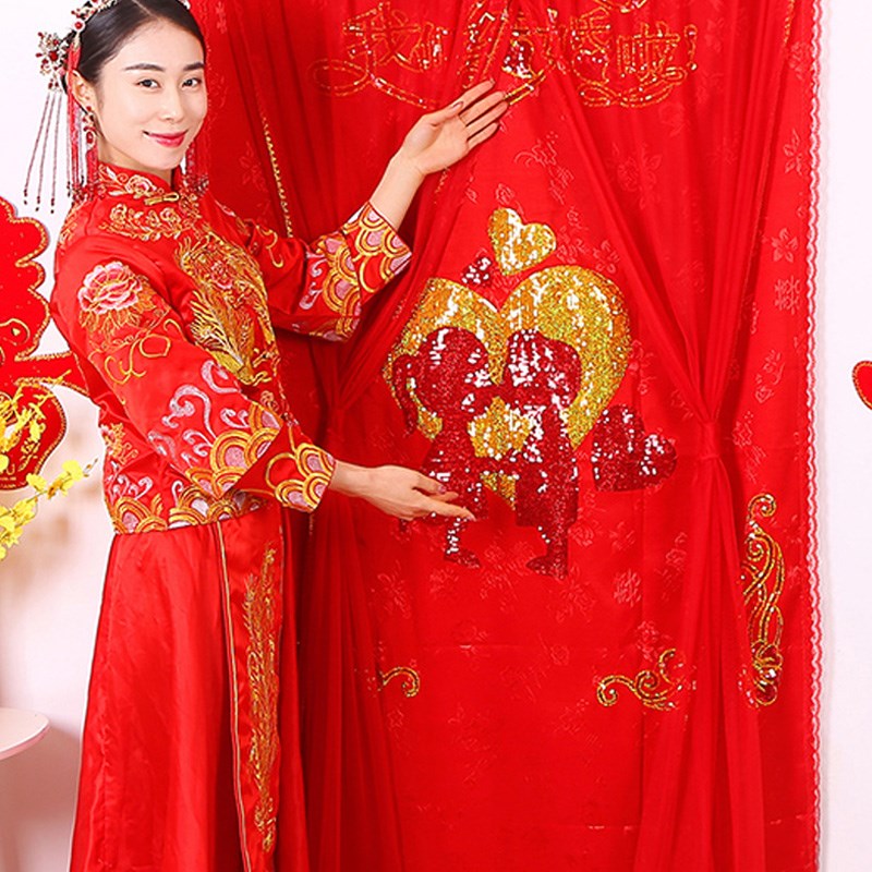 结婚门帘婚房门卧室家用半门帘遮挡短帘隔断帘长纱红色布女方陪嫁 - 图2