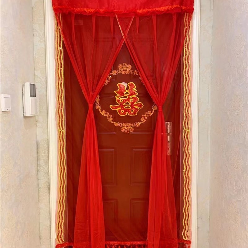 结婚门帘婚房门卧室家用半门帘遮挡短帘隔断帘长纱红色布女方陪嫁 - 图1