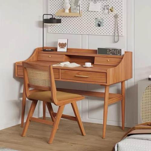 北欧樱桃木实木书桌小户型电脑桌简约写字台梳妆台抽屉现代家用 - 图0