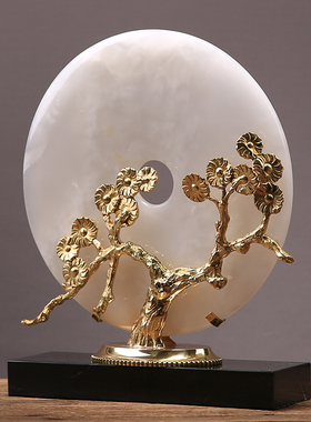 新中式玉石平安扣黄铜金钱树摆件客厅玄关书房摆设酒柜装饰品招财