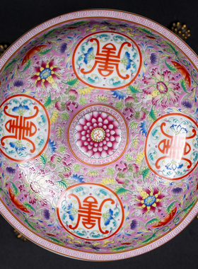 贵夫人铜镶瓷粉地粉彩缠枝莲万寿纹配铜狮环茶叶罐景德镇瓷器摆件