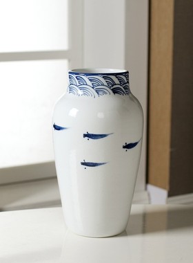 简约轻奢新中式家居客厅电视柜桌面软装样板房青花纹陶瓷装饰花瓶
