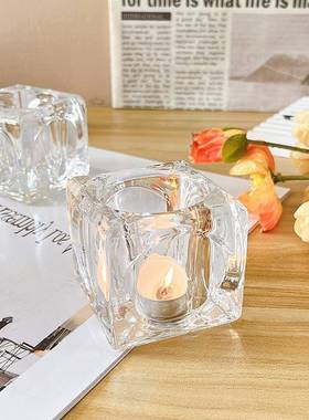 现代透明玻璃水晶光面冰块烛台家居餐厅咖啡厅酒吧装饰正方形蜡烛