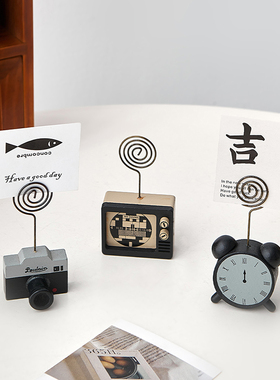 创意复古立式桌面装饰便利贴夹小摆件木质照片夹子举牌留言夹立牌