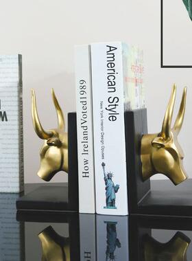 美式乡村风格动物牛头书架书靠家居书房软装摆设办公室样板房摆件