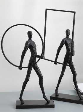 中式样板房间软装饰品雕塑人物铁艺摆设复古风客厅玄关电视柜