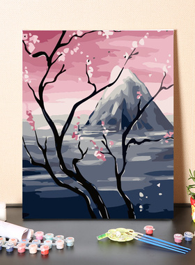 数字油画填充春天中桃源记手工填色风景装饰画画油彩画