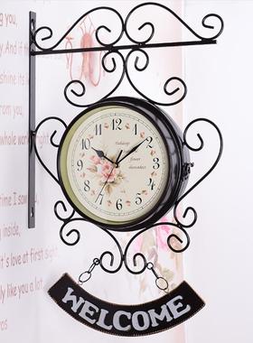 欧式仿古铁艺钟表家用创意个性双面挂钟客厅复古时钟挂墙简约挂表