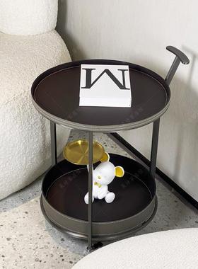 轻奢马鞍皮边几移动沙发茶几角几客厅家用带轮置物架不锈钢小推车