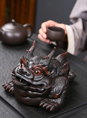 紫陶大号招财金蟾摆件家居饰品手工客厅办公室玄关茶桌面装饰茶宠