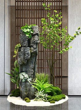 旱景彷真竹子装饰隔断室内落地景观假山造景绿植橱窗玄关