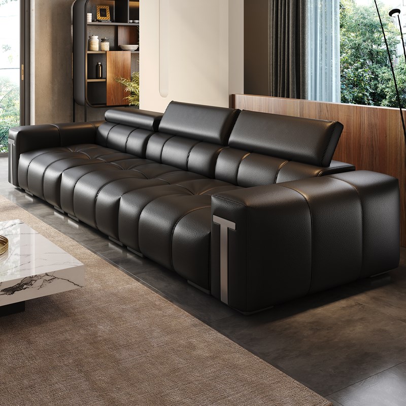 意式极简真皮沙发高端大气全青皮客厅直排别墅横厅头层牛皮沙发 - 图1