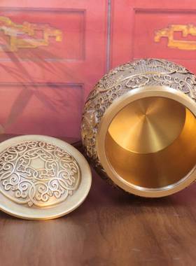 黄铜百福聚宝盆米缸茶叶罐办公室桌面小摆件烟灰缸茶桌书房装饰品