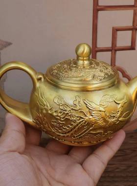 黄铜龙凤茶壶浮雕创意茶具家居办公会客茶几装饰桌面摆件铜工艺品