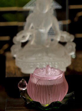 家用佛堂供佛观音大悲水圣水杯贡杯粉色古法琉璃荷叶莲花供杯摆件