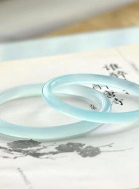 镯叮当玉髓玛瑙手镯条冰种圆美人天然女一蓝细镯子闺蜜冻湖水6mm