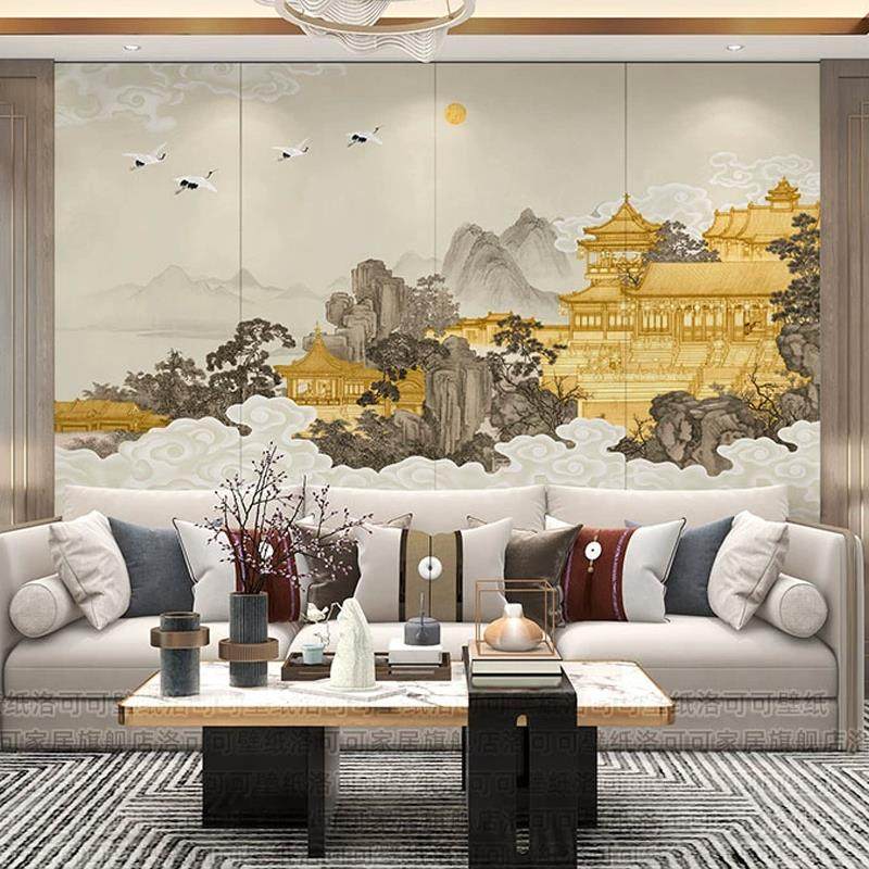 祥云仙鹤壁纸轻奢新中式山水楼阁壁布电视背景墙布画客厅沙发壁纸,淘宝优惠券,粉丝福利购,淘宝优惠卷