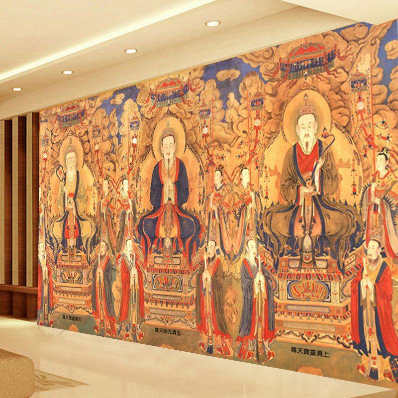 道家三清元始天尊墙纸3d壁纸无缝背景墙中式佛堂文化佛龛寺庙壁画,淘宝优惠券,粉丝福利购,淘宝优惠卷