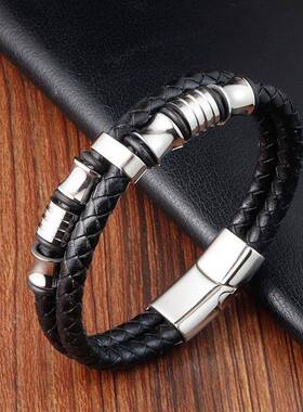 霸气黑色皮绳牛皮男士双层diy真皮编织手链手工多层潮男皮革手镯