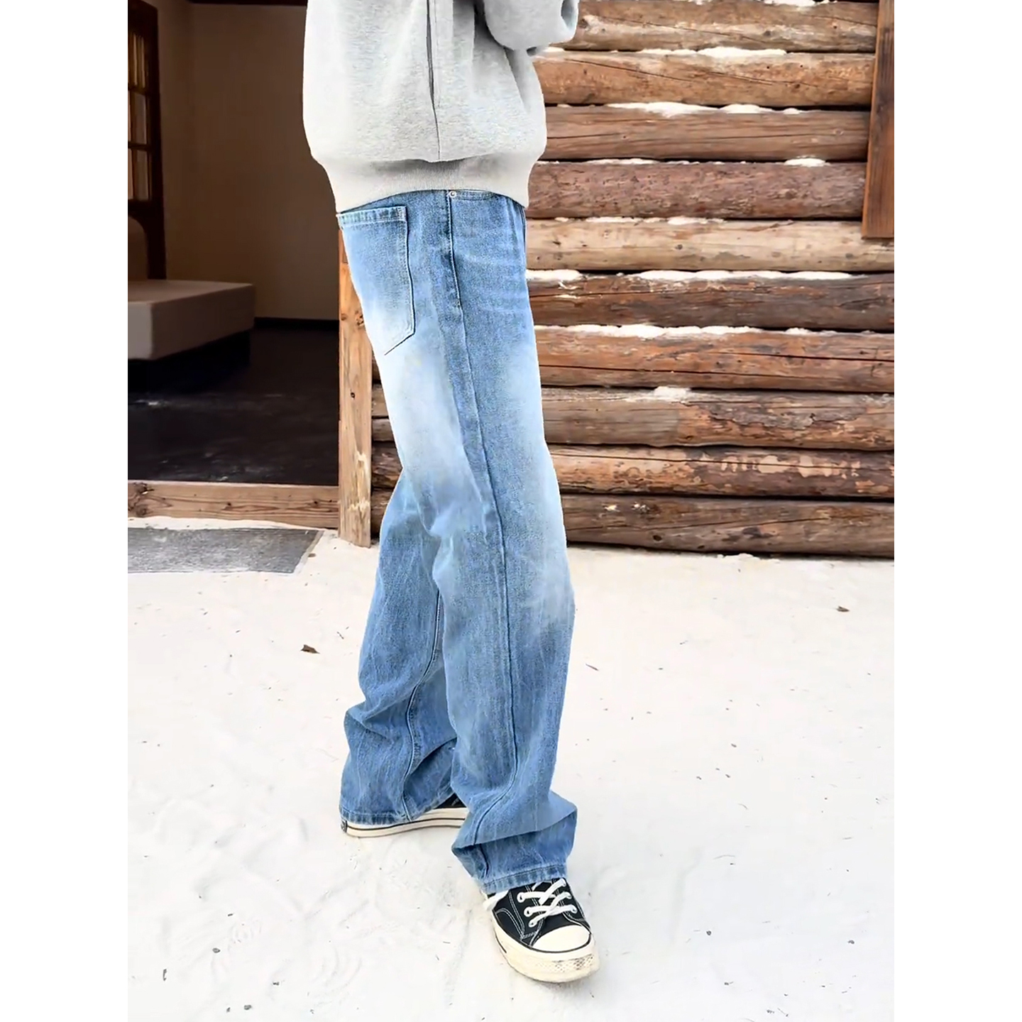 浅蓝色弹力牛仔裤男款美式高街cleanfit裤子直筒显腿长微喇弯刀裤 - 图2