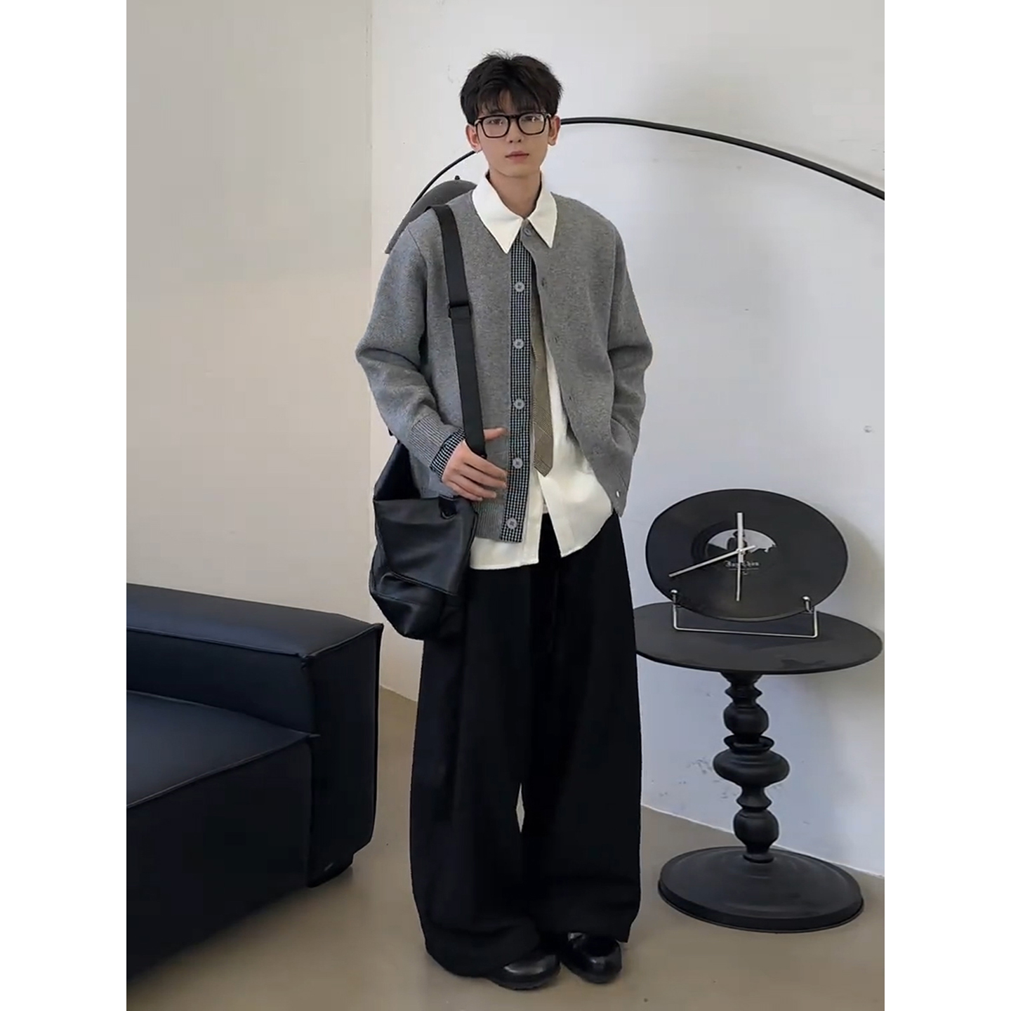 假两件格子拼接开衫毛衣男生设计感ootd穿搭时尚套装韩版针织外套 - 图0