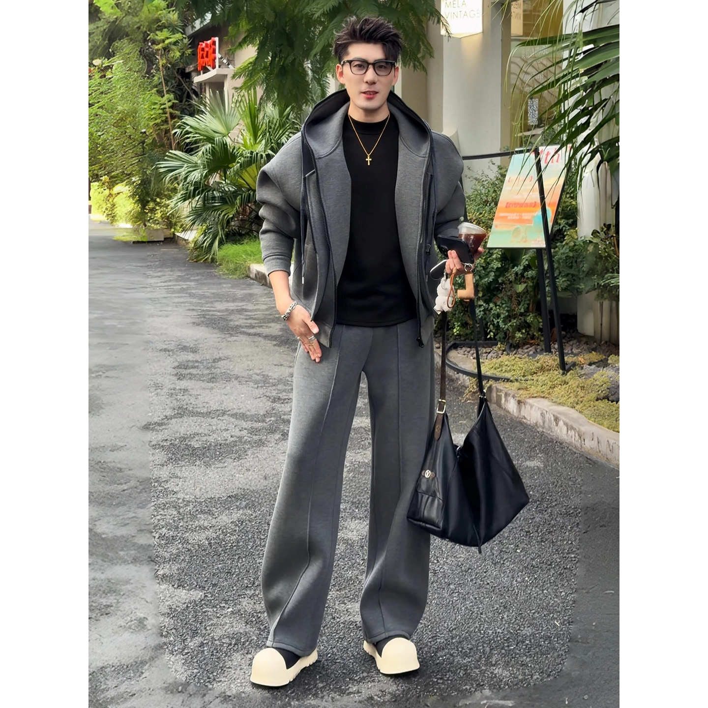 美式空气层假两件连帽卫衣男模高级感穿搭套装重磅廓形弯刀阔腿裤 - 图0
