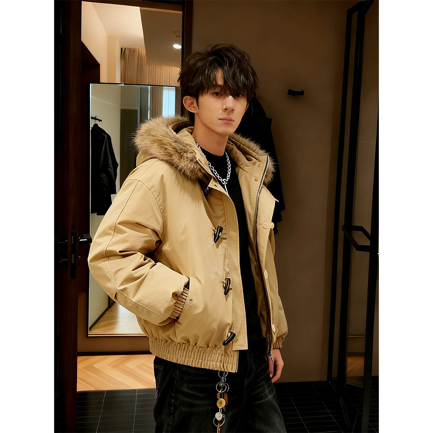 卡其色牛角扣毛领羽绒棉服男冬季美式短款连帽派克服座山雕棉外套,淘宝优惠券,粉丝福利购,淘宝优惠卷