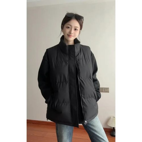 黑色羽绒马甲男女秋冬季外穿无袖立领坎肩棉服美式叠穿棉背心外套 - 图0