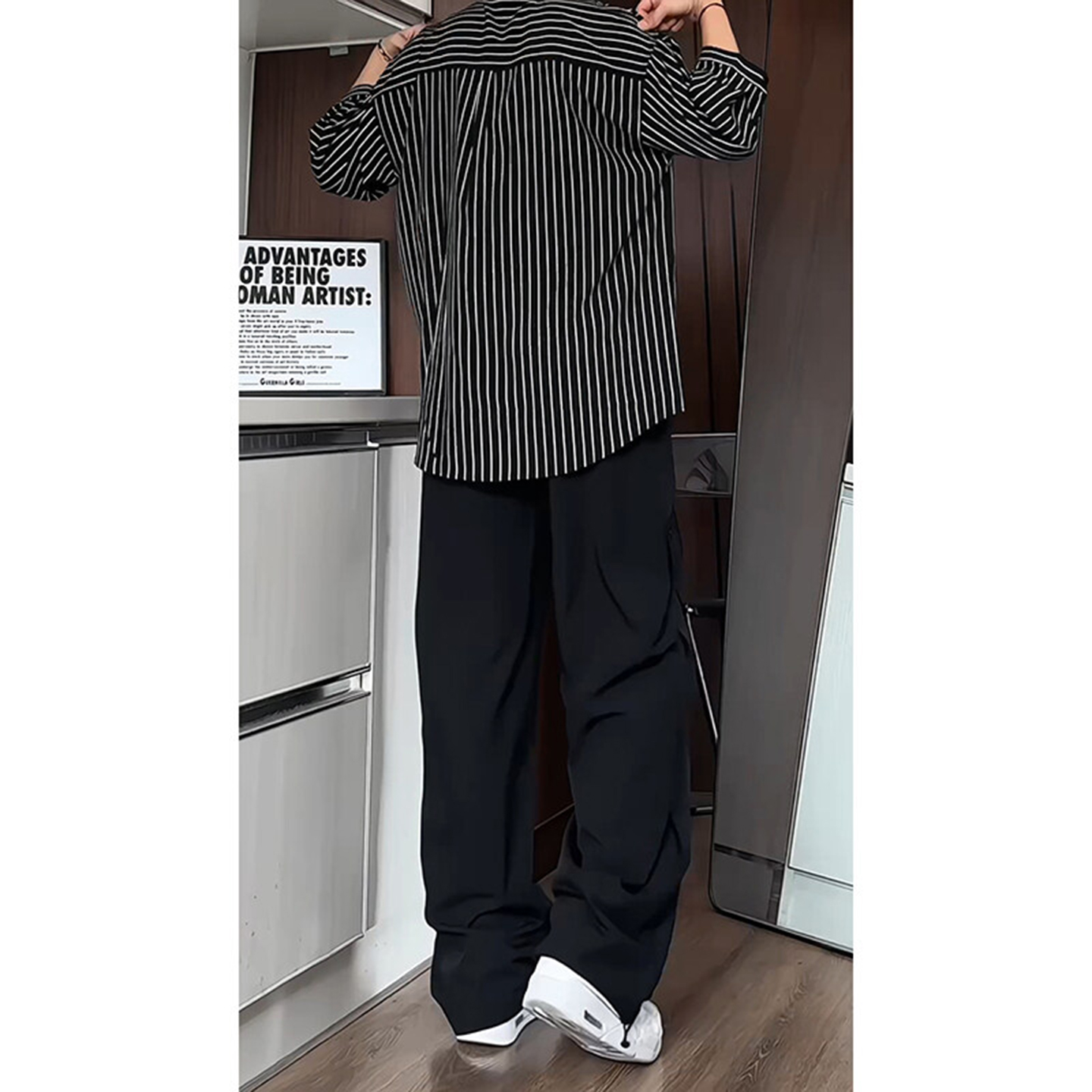 黑白条纹冰丝短袖衬衫垂感休闲长裤夏季男生轻熟风穿搭套装高级感 - 图1