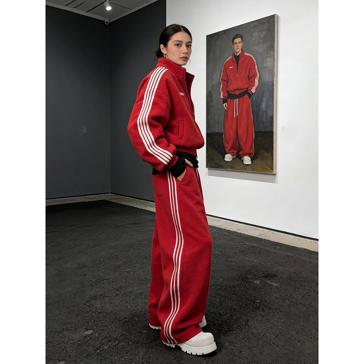 酒红色本命年条纹摇粒绒棉服外套男女冬加厚保暖棉衣美式运动套装,淘宝优惠券,粉丝福利购,淘宝优惠卷