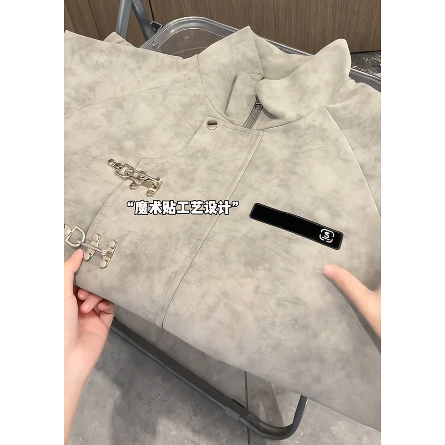 新中式扎染皮衣外套男款秋季宽松百搭高街休闲夹克美式复古棒球服 - 图1